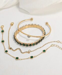 Snake Green Gemstone Bangle Rhinestone Bracelet Set
